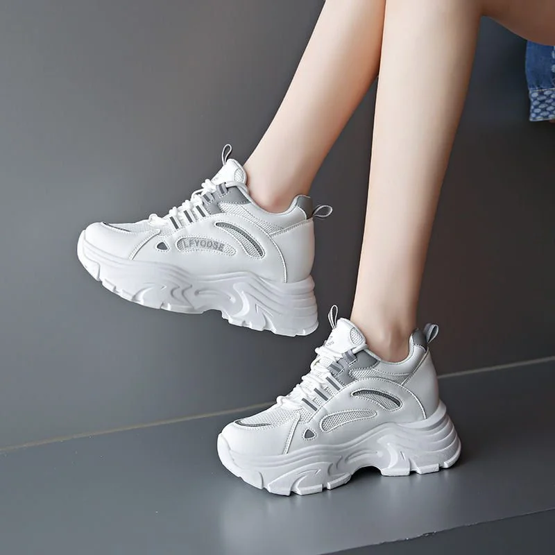 New Ins White High Heel Sneakers Women's Chunky Shoes Wedge Sneakers Girls Pink Platform Tenis Trainers Woman Thick Soled Shoes