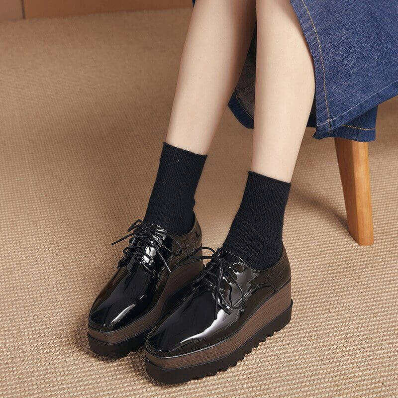 British Style Square Head Lace-up Patent Leather Deep Slope Casual Shoes Platform Shoes Women's Thick Bottom 2022 Autumn New HZB