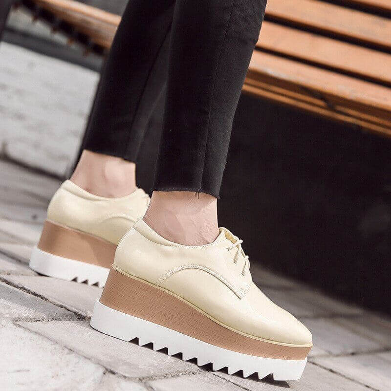 British Style Square Head Lace-up Patent Leather Deep Slope Casual Shoes Platform Shoes Women's Thick Bottom 2022 Autumn New HZB