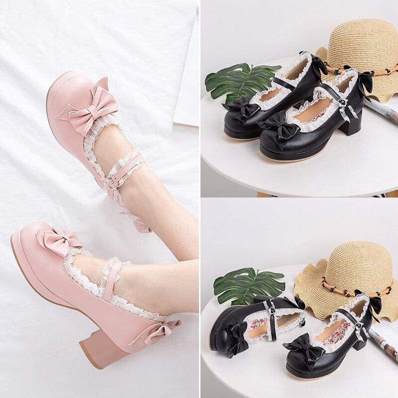 Zapatos de novia de encaje con volantes Lolita para niñas, zapatos de tacón alto, vestido de princesa bordeado, rosa, talla grande 34-48