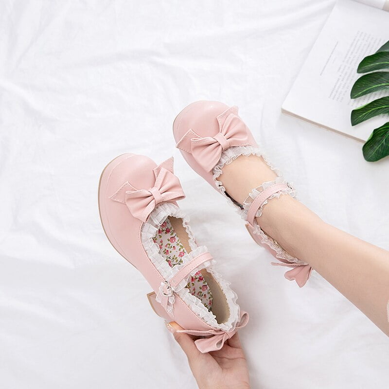 Zapatos de novia de encaje con volantes Lolita para niñas, zapatos de tacón alto, vestido de princesa bordeado, rosa, talla grande 34-48
