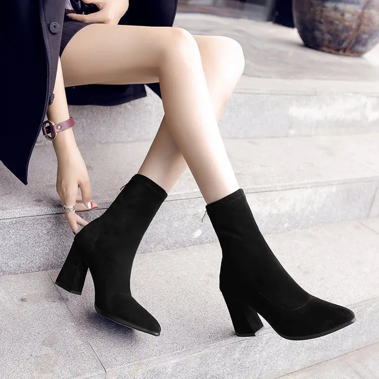 Ankle Chunky High Heel Sock Chelsea Boots Women Autumn Fashion Pointed Frosted Suede Short Boots Female Pumps Sexy Warm Boots Ankle Chunky High Heel Sock Chelsea Boots Women Autumn Fashion Pointed Frosted Suede Short Boots Female Pumps Sexy Warm Boots