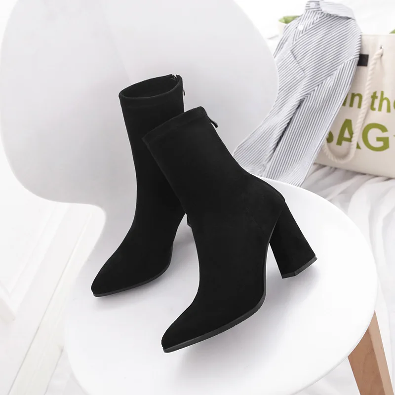 Ankle Chunky High Heel Sock Chelsea Boots Women Autumn Fashion Pointed Frosted Suede Short Boots Female Pumps Sexy Warm Boots Ankle Chunky High Heel Sock Chelsea Boots Women Autumn Fashion Pointed Frosted Suede Short Boots Female Pumps Sexy Warm Boots