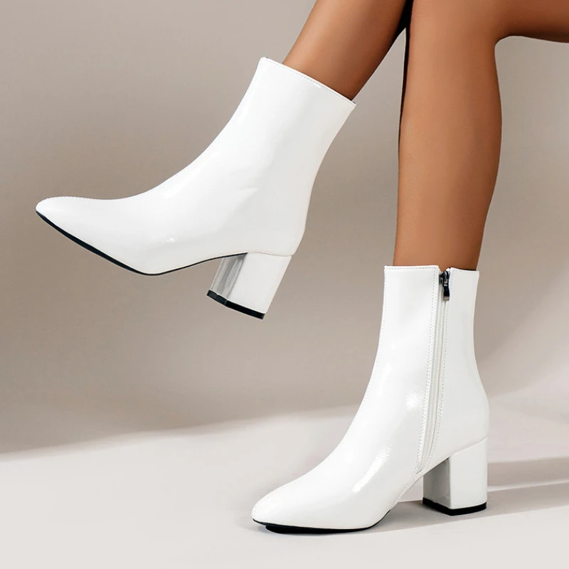 Fashion White Chunky Short Boots Women Pointed New Winter Women Boots 2023 Modern Boots Woman Zip High Ankle Boots Botines Mujer Fashion White Chunky Short Boots Women Pointed New Winter Women Boots 2023 Modern Boots Woman Zip High Ankle Boots Botines Mujer