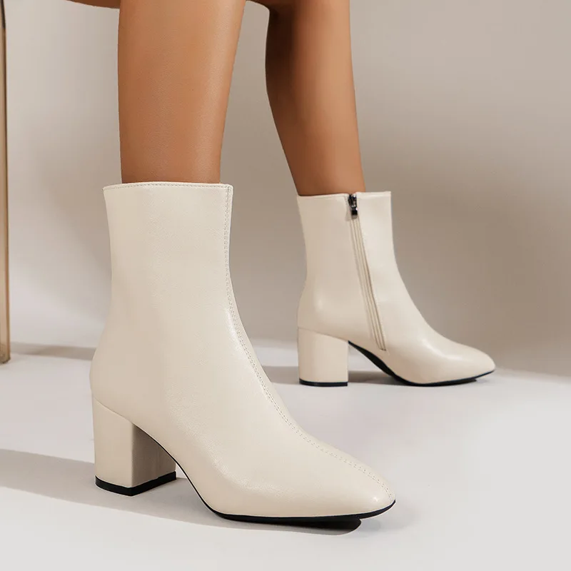 Fashion White Chunky Short Boots Women Pointed New Winter Women Boots 2023 Modern Boots Woman Zip High Ankle Boots Botines Mujer Fashion White Chunky Short Boots Women Pointed New Winter Women Boots 2023 Modern Boots Woman Zip High Ankle Boots Botines Mujer