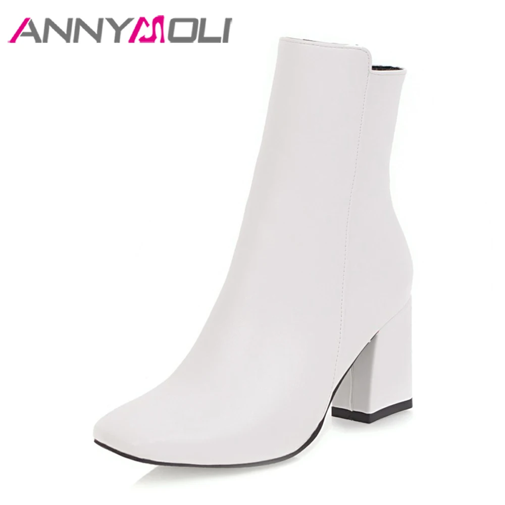 ANNYMOLI Thick High Heel Boots Square Toe Winter Boots Women Ankle Boots Zipper Ladies Autumn Shoes White Black Red Size 33-43 ANNYMOLI Thick High Heel Boots Square Toe Winter Boots Women Ankle Boots Zipper Ladies Autumn Shoes White Black Red Size 33-43