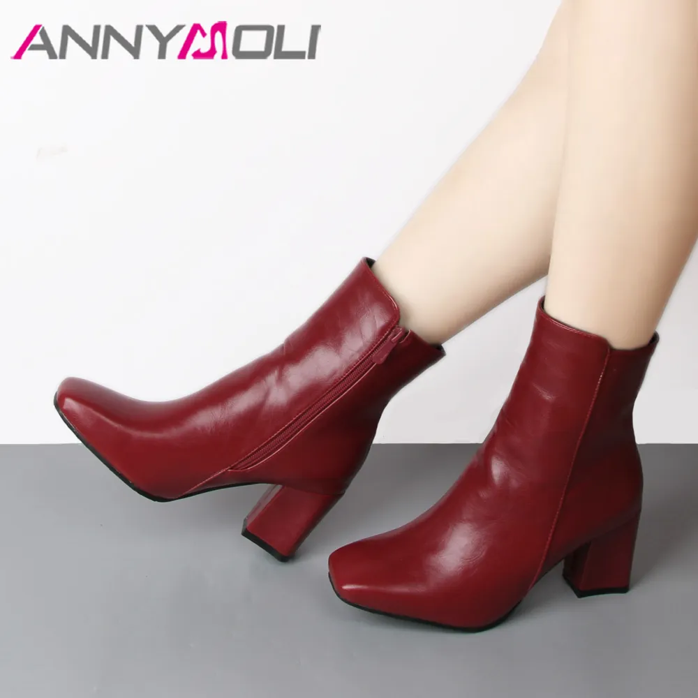 ANNYMOLI Thick High Heel Boots Square Toe Winter Boots Women Ankle Boots Zipper Ladies Autumn Shoes White Black Red Size 33-43 ANNYMOLI Thick High Heel Boots Square Toe Winter Boots Women Ankle Boots Zipper Ladies Autumn Shoes White Black Red Size 33-43