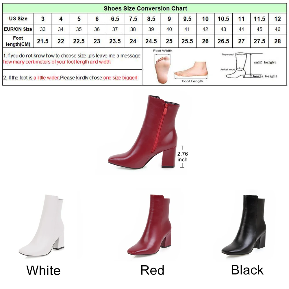 ANNYMOLI Thick High Heel Boots Square Toe Winter Boots Women Ankle Boots Zipper Ladies Autumn Shoes White Black Red Size 33-43 ANNYMOLI Thick High Heel Boots Square Toe Winter Boots Women Ankle Boots Zipper Ladies Autumn Shoes White Black Red Size 33-43