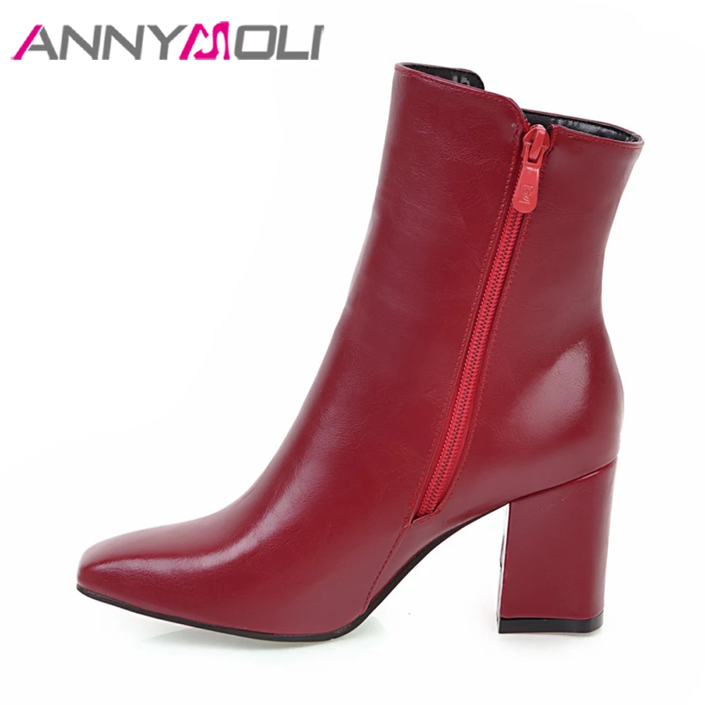 ANNYMOLI Thick High Heel Boots Square Toe Winter Boots Women Ankle Boots Zipper Ladies Autumn Shoes White Black Red Size 33-43 ANNYMOLI Thick High Heel Boots Square Toe Winter Boots Women Ankle Boots Zipper Ladies Autumn Shoes White Black Red Size 33-43