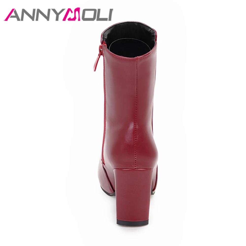 ANNYMOLI Thick High Heel Boots Square Toe Winter Boots Women Ankle Boots Zipper Ladies Autumn Shoes White Black Red Size 33-43 ANNYMOLI Thick High Heel Boots Square Toe Winter Boots Women Ankle Boots Zipper Ladies Autumn Shoes White Black Red Size 33-43