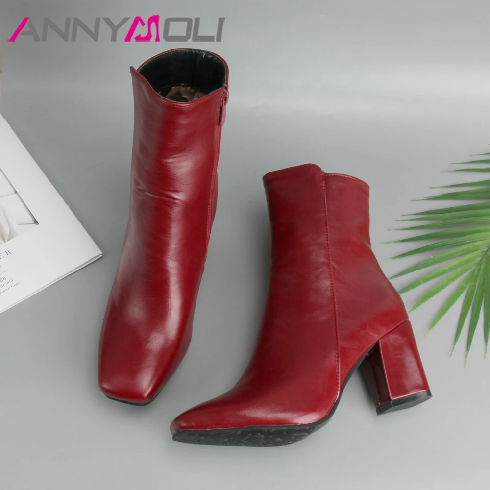 ANNYMOLI Thick High Heel Boots Square Toe Winter Boots Women Ankle Boots Zipper Ladies Autumn Shoes White Black Red Size 33-43 ANNYMOLI Thick High Heel Boots Square Toe Winter Boots Women Ankle Boots Zipper Ladies Autumn Shoes White Black Red Size 33-43
