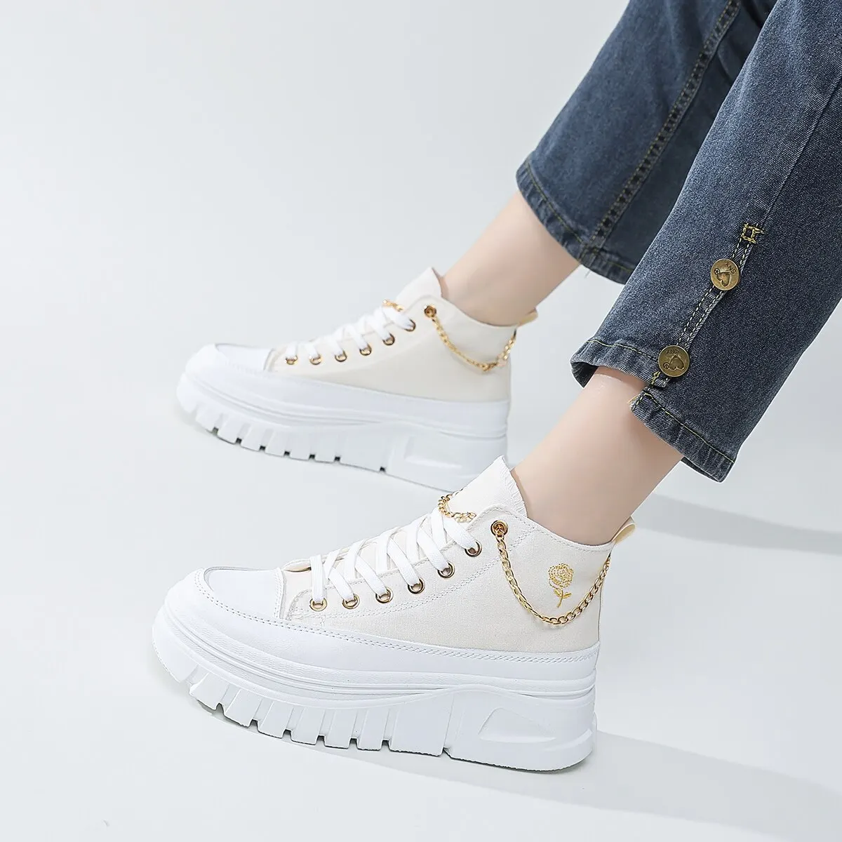 Women Lace-Up Front High Top Flatform Canvas Shoes Fashion Casual Comfortable Height Increasing Sneakers RoseChain Women’s Shoes Women Lace-Up Front High Top Flatform Canvas Shoes Fashion Casual Comfortable Height Increasing Sneakers RoseChain Women's Shoes