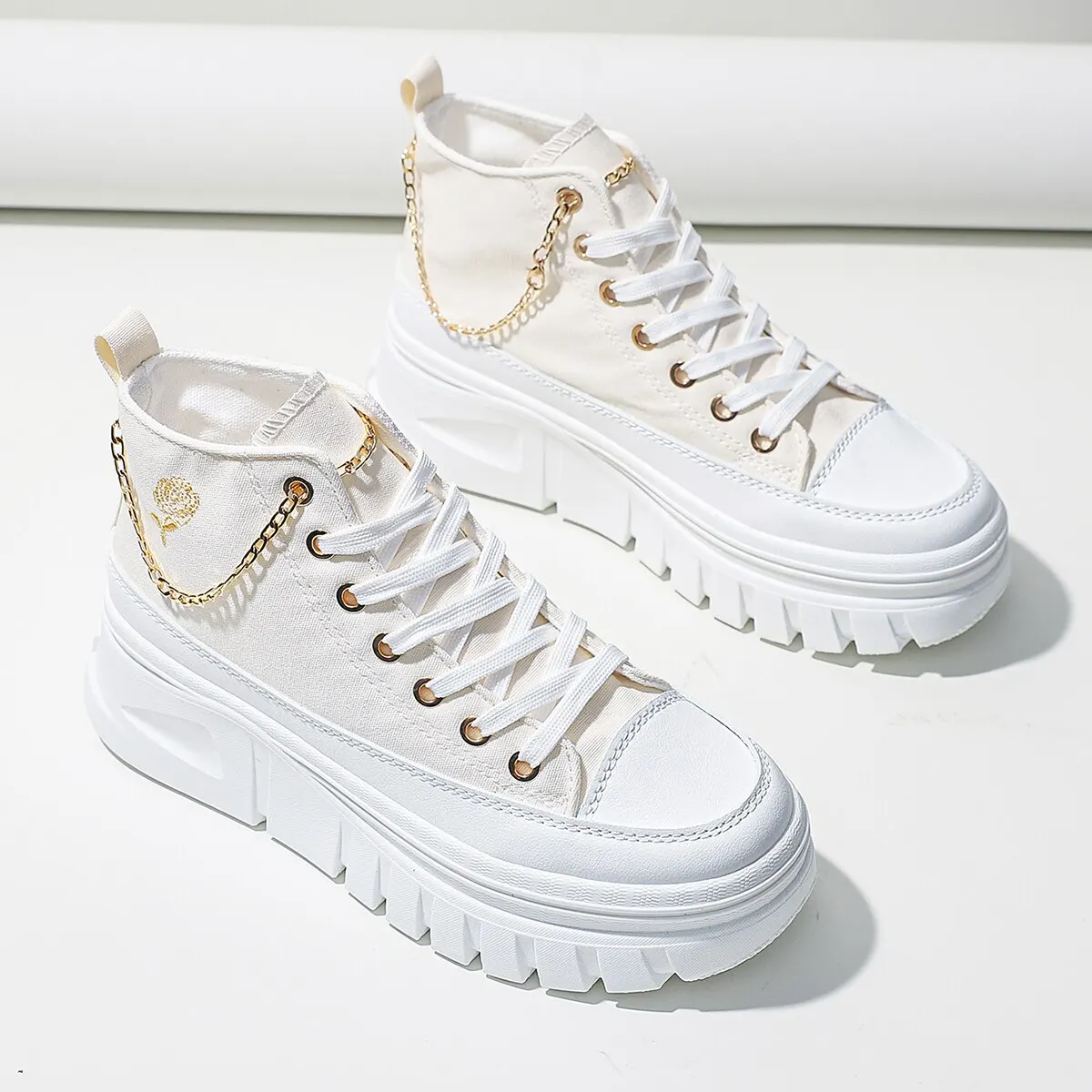 Women Lace-Up Front High Top Flatform Canvas Shoes Fashion Casual Comfortable Height Increasing Sneakers RoseChain Women’s Shoes Women Lace-Up Front High Top Flatform Canvas Shoes Fashion Casual Comfortable Height Increasing Sneakers RoseChain Women's Shoes