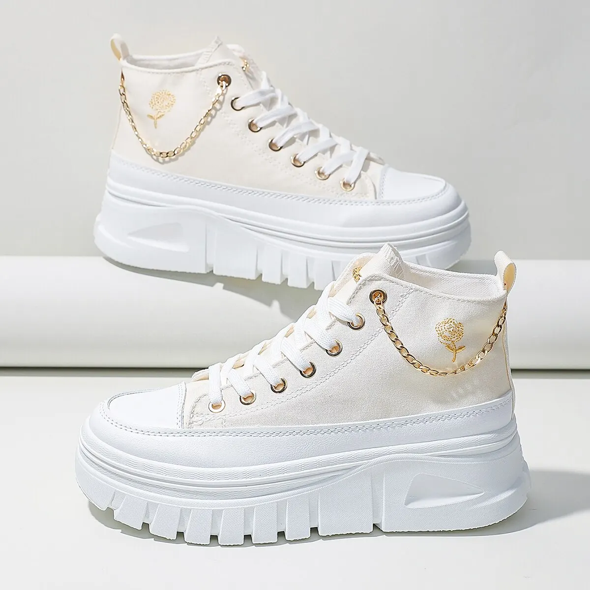 Women Lace-Up Front High Top Flatform Canvas Shoes Fashion Casual Comfortable Height Increasing Sneakers RoseChain Women’s Shoes Women Lace-Up Front High Top Flatform Canvas Shoes Fashion Casual Comfortable Height Increasing Sneakers RoseChain Women's Shoes