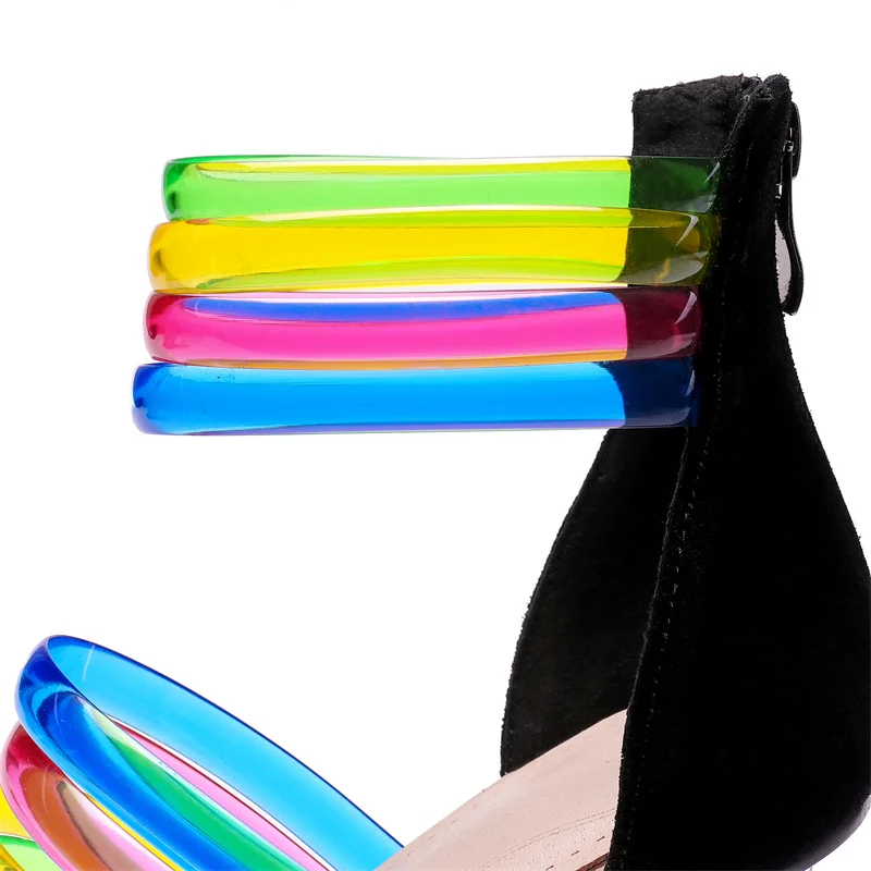 Hot Rainbow Sandals Fashion Soft Colored Straps Combine Crystal Square Heel Summer Women Shoes Mixed Colors Round Toe High Heels Hot Rainbow Sandals Fashion Soft Colored Straps Combine Crystal Square Heel Summer Women Shoes Mixed Colors Round Toe High Heels