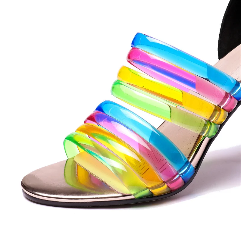 Hot Rainbow Sandals Fashion Soft Colored Straps Combine Crystal Square Heel Summer Women Shoes Mixed Colors Round Toe High Heels Hot Rainbow Sandals Fashion Soft Colored Straps Combine Crystal Square Heel Summer Women Shoes Mixed Colors Round Toe High Heels